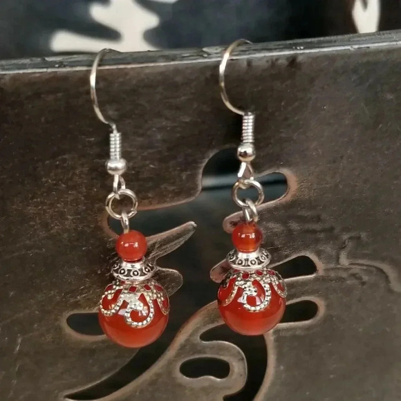 Hand Crafted Carnelian Victorian Lace Art Nouveau Gemstone Bead Drop Earrings - Picture 1 of 7